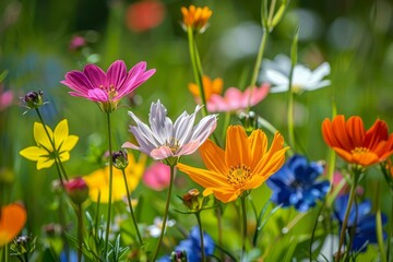Obraz premium A bunch of colorful flowers standing tall in the grass on a sunny day