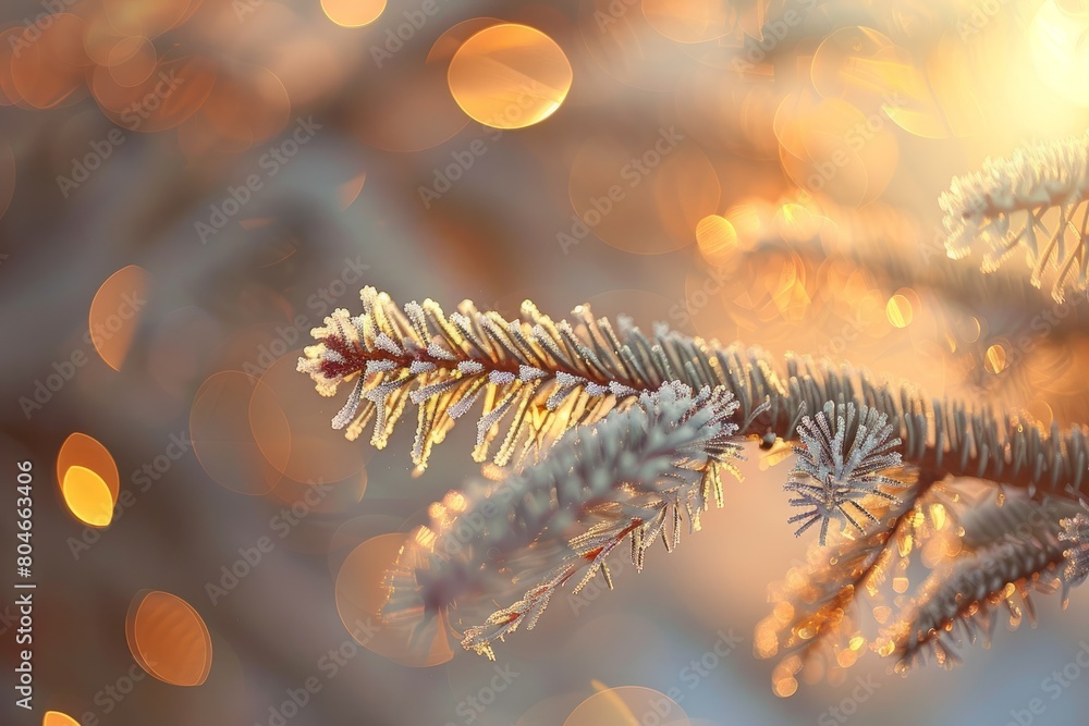 Poster detailed close-up of a tree branch covered in snow, showing intricate frost patterns with shallow de