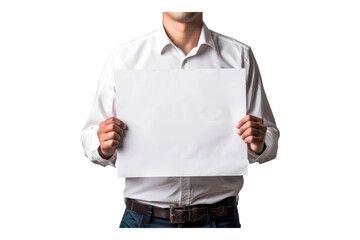 Close up of man holding blank white paper for writing issues or demands isolated on transparent background.