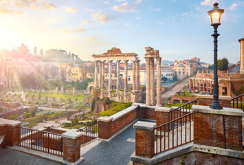 Roman Forum in Rome, Italy. Antique structures with columns. Wrecks of ancient italian roman town....