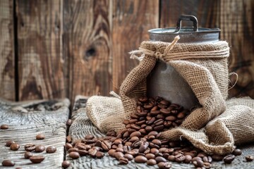 Obraz premium Rustic Coffee Beans and Burlap Sack with Canister on Wooden Table - Perfect for Caffeine Lovers