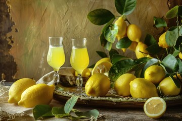 Refreshing Limoncello and Lemons: A Perfect Drink for Summer and Spring Speciality Cocktails - obrazy, fototapety, plakaty