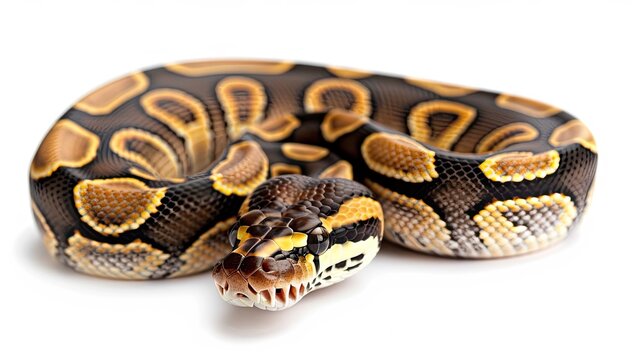 a Ball python against a pristine white background, showcasing its striking patterns and unique coloration in a minimalist setting.