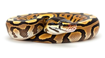 Fototapeta premium a Ball python against a pristine white background, showcasing its striking patterns and unique coloration in a minimalist setting.