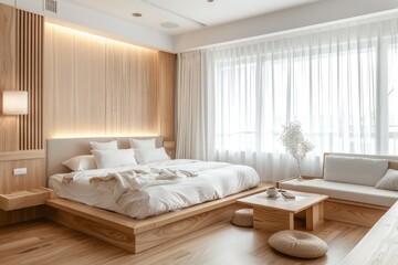 Small Condo Interior Design. Minimalist White & Wood Bedroom and Lounge Area