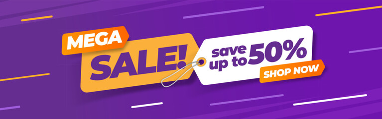 Mega Sale discount web banner promotion. Design template in horizontal format.