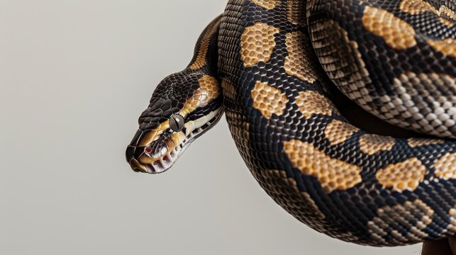 a Ball python against a pristine white background, showcasing its striking patterns and unique coloration in a minimalist setting.