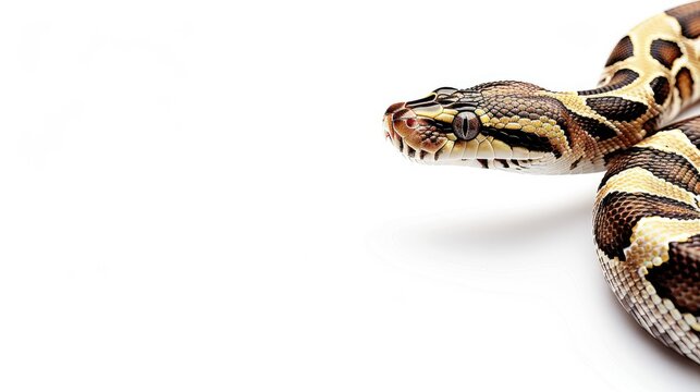a Ball python against a pristine white background, showcasing its striking patterns and unique coloration in a minimalist setting.