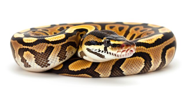 a Ball python against a pristine white background, showcasing its striking patterns and unique coloration in a minimalist setting.