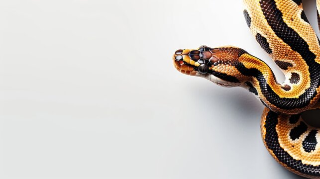 a Ball python against a pristine white background, showcasing its striking patterns and unique coloration in a minimalist setting.