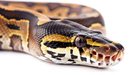 Fototapeta premium a Ball python against a pristine white background, showcasing its striking patterns and unique coloration in a minimalist setting.