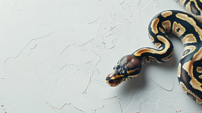 a Ball python against a pristine white background, showcasing its striking patterns and unique coloration in a minimalist setting.