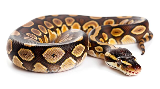 a Ball python against a pristine white background, showcasing its striking patterns and unique coloration in a minimalist setting.