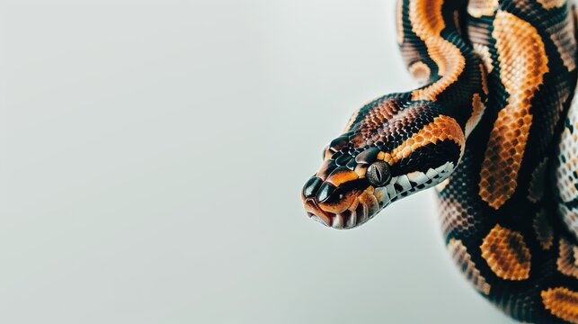 a Ball python against a pristine white background, showcasing its striking patterns and unique coloration in a minimalist setting.