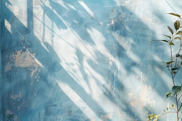 A painting depicting a blue wall with a plant growing on it, illuminated by soft sunlight creating shadows