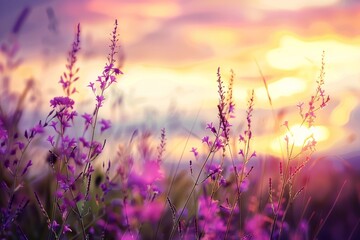 A field of purple flowers under the setting sun
