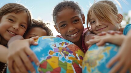 Children Holding Hands Around a Globe, Emphasizing the importance of sustainability for future generations, close-up