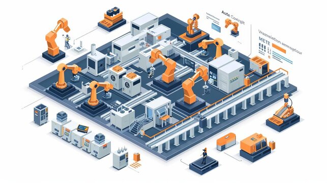 Digital control technology in the manufacturing industry optimization of maintenance facilities Modern isometric smart factory manufacturing facilities  Isometric vector illustrati