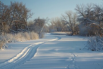 A snow-covered road winding through a landscape of trees and bushes during winter