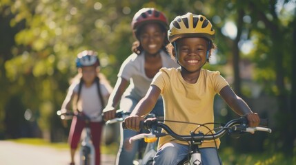 Family Riding Bicycles, Promoting sustainable transportation choices, close-up