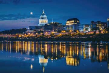 Fototapeta premium Panoramic View of City's Downtown on River Bank with State Capitol