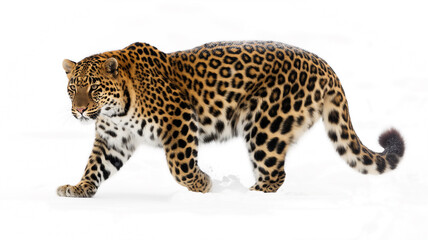 Leopard walking through snow, showcasing its stunning spotted coat and muscular build against a white background.