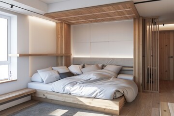 Minimalist Japanese Small Condo Interior Design: White & Wood Bedroom and Couch