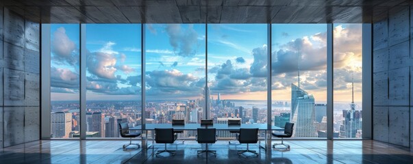 A highrise meeting room with floortoceiling windows offering a city view, no people inside