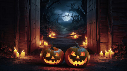 Spooky Halloween atmosphere. Sliced pumpkins, lit candles.