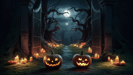 Fototapeta premium Spooky Halloween atmosphere. Sliced pumpkins, lit candles.