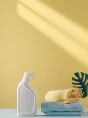 Laundry detergent and stacked clean towels against yellow background with copy space