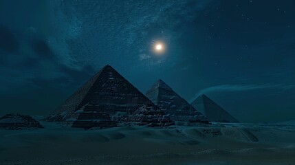 the Egyptian pyramids under a starry night sky, illuminated by the radiant glow of a full moon, with intricate details visible on their smooth surfaces in high-resolution, realistic landscape.