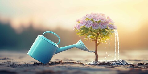 A blue watering can is pouring water on a small tree - Powered by Adobe