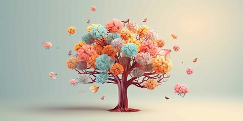 A tree with many branches and leaves is shown in a colorful and vibrant scene
