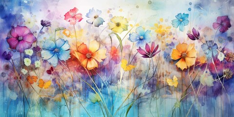 A painting of a field of flowers with a blue sky in the background