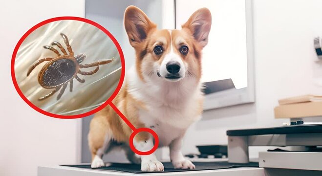Corgi dog and collage macro a tick on the veterinarian&rsquo;s table looking into the camera, copy space. increased teak on the fur. concept of treatment for ticks and fleas and parasites.