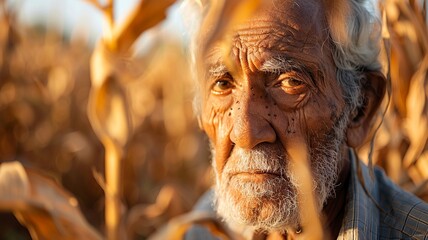 A poignant photograph shows a farmer in tears amidst his barren wheat field, with cracked, dry earth extending into the distance.
