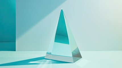 a glass triangle trophy against a serene light blue background, offering a captivating perspective with dynamic light reflections.