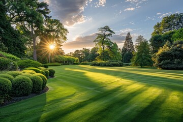 Fototapeta premium Sun shines brightly through dense canopy of trees in a park, illuminating the grassy lawn below