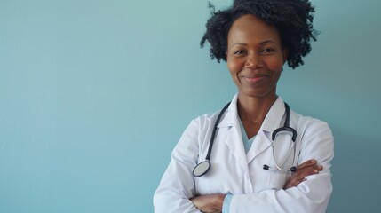 Portrait of african middle age female doctor with stethoscope on blue background. Space for text  - Powered by Adobe