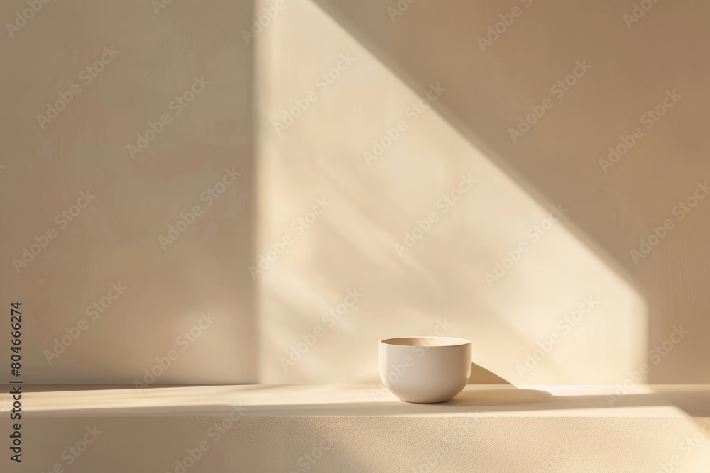 Poster a white cup is placed on top of a white counter in a minimalistic setting with soft incident light