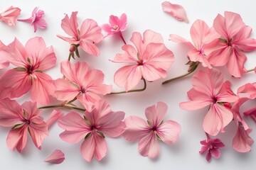 Closeup of a bunch of pink flowers and geranium petals arranged on a white backdrop, creating a floral isolated design