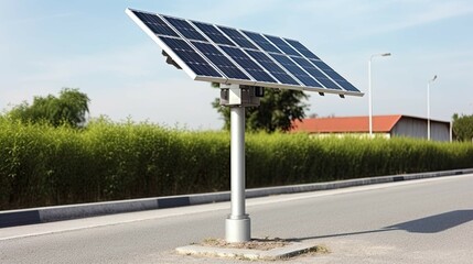 A solar panel is on a pole on the side of a road