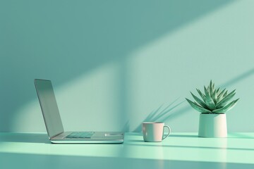A modern workspace with a laptop computer, coffee mug, and potted succulent on a turquoise desk