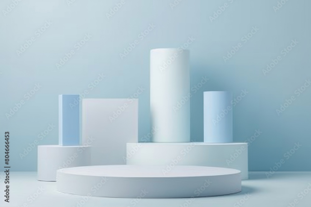 Poster a group of sleek and modern white objects arranged on a table against a light blue background