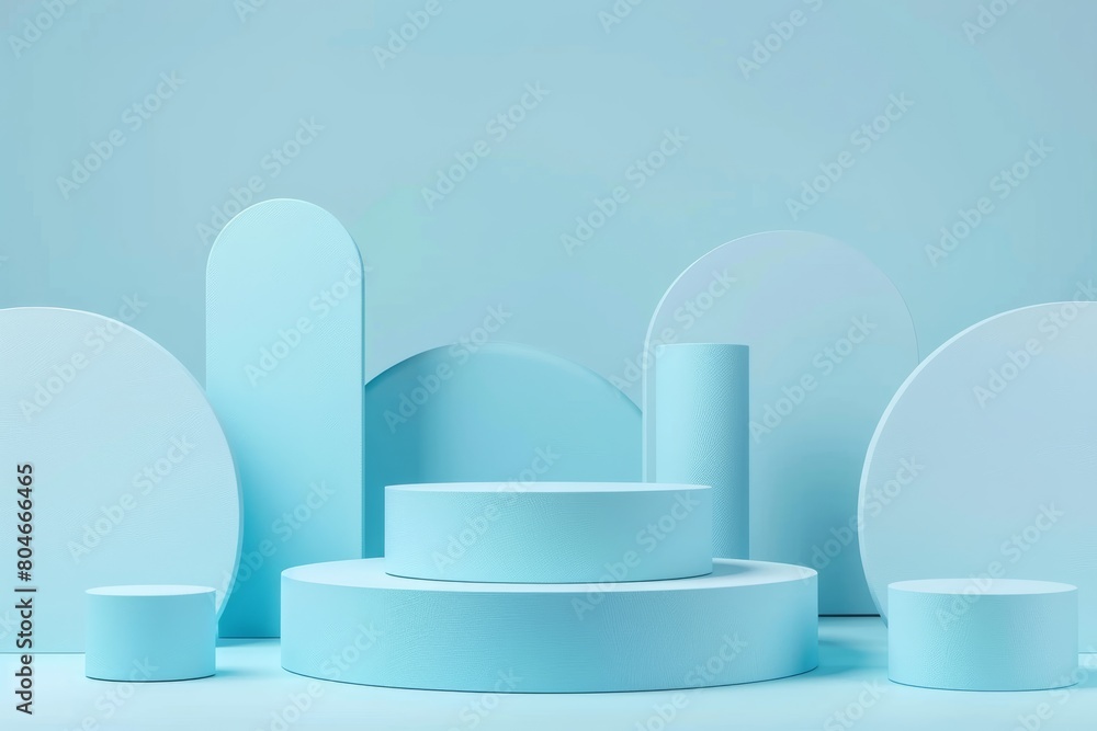 Poster several white objects neatly arranged on a table with a light blue background