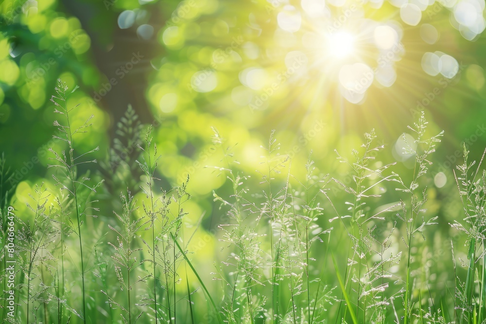 Poster wild grass field illuminated by sunlight filtering through trees with blurred green foliage in the b