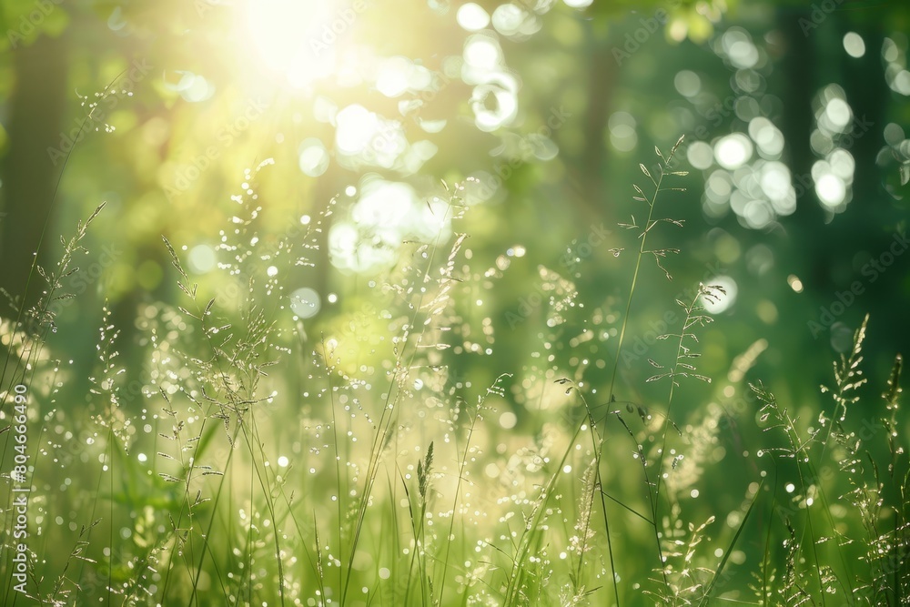 Poster sunlight filters through green trees, illuminating a field of wild grass in a natural setting