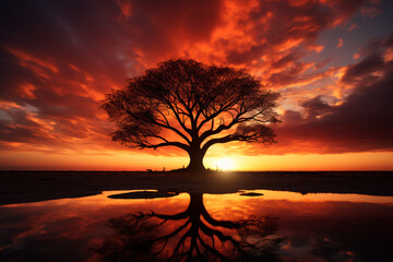 A lone tree standing tall against the fiery sky of the sunset, its branches reaching upwards in silhouette