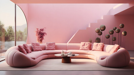 A luscious pink pastel colored sofa in a living room embraced by pink walls, a vision of rosy serenity and contemporary chic